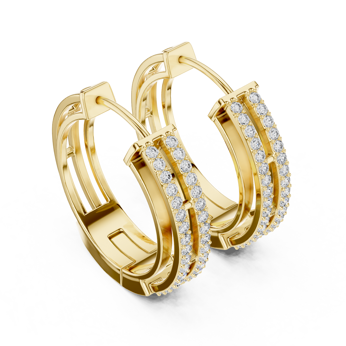 Yellow gold lab grown diamond double row hoop earrings, side view