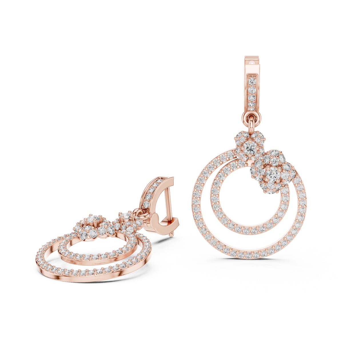 Rose gold lab grown diamond double circle drop earrings, side view