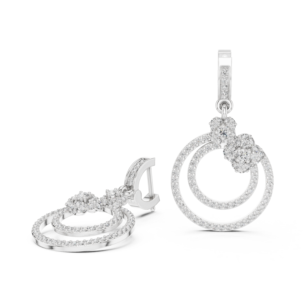 White gold lab grown diamond double circle drop earrings, side view
