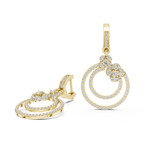 Yellow gold lab grown diamond double circle drop earrings, side view
