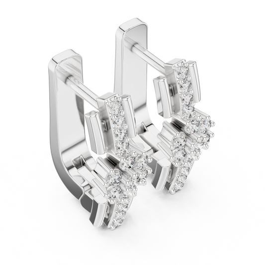 White gold lab grown diamond flower cluster huggie earrings, side view
