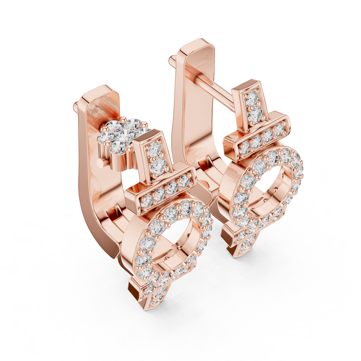 Rose gold lab grown diamond art deco circle huggie earrings, side view