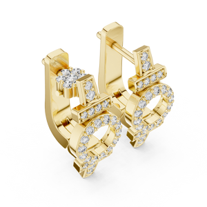 Yellow gold lab grown diamond art deco circle huggie earrings, side view