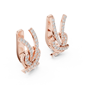 Rose gold lab grown diamond love knot huggie earrings, side view