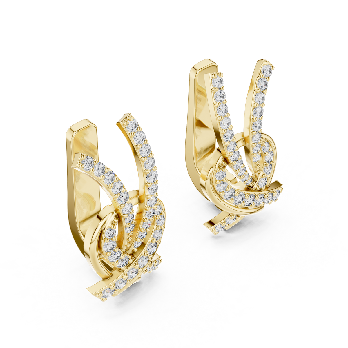 Yellow gold lab grown diamond love knot huggie earrings, side view