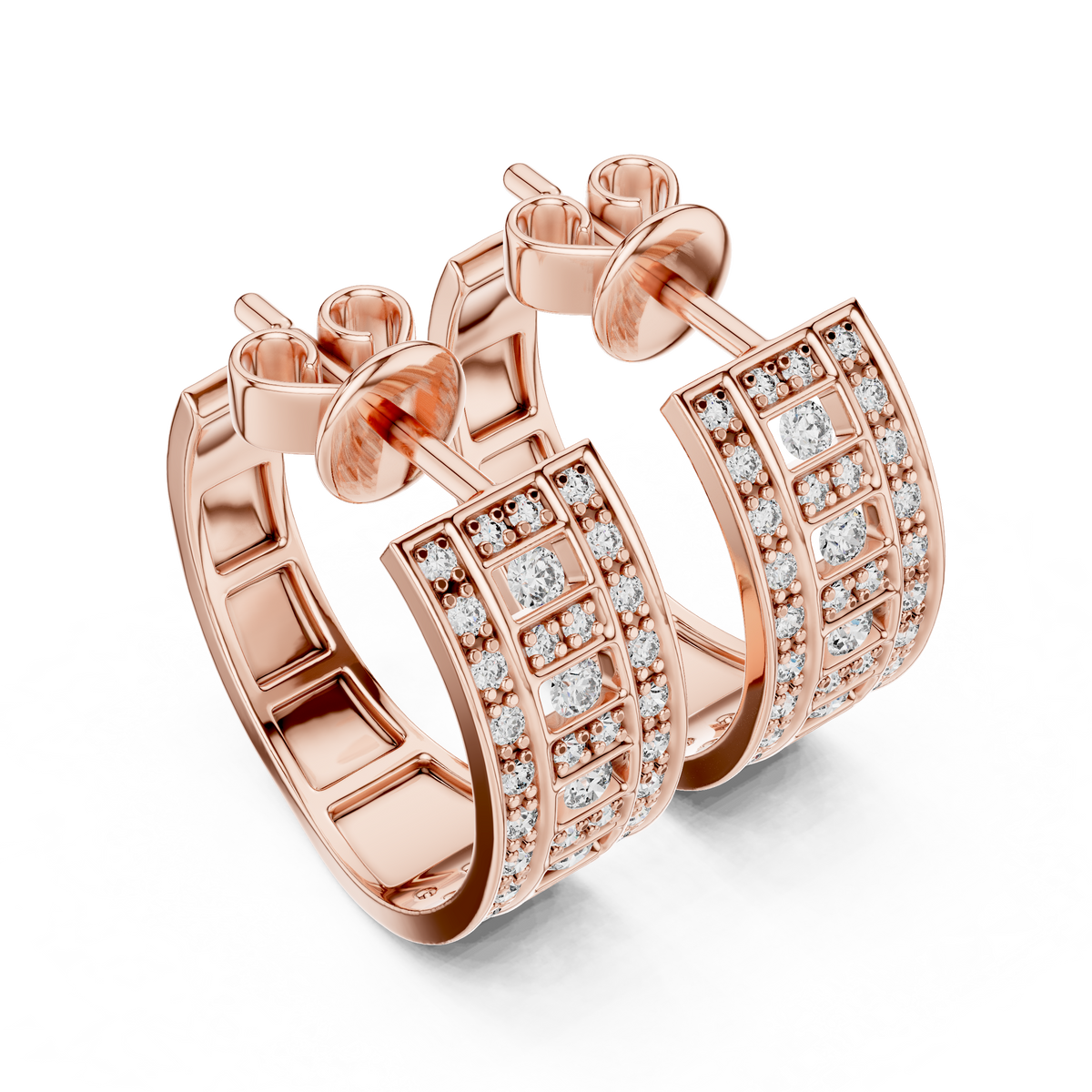 Rose gold pavé lab grown diamond huggie hoop earrings, angled side view