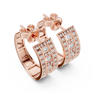 Rose gold pavé lab grown diamond huggie hoop earrings, angled side view