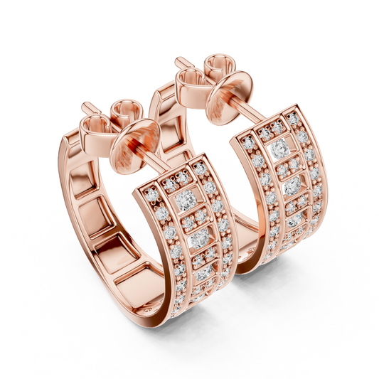 Rose gold pavé lab grown diamond huggie hoop earrings, angled side view
