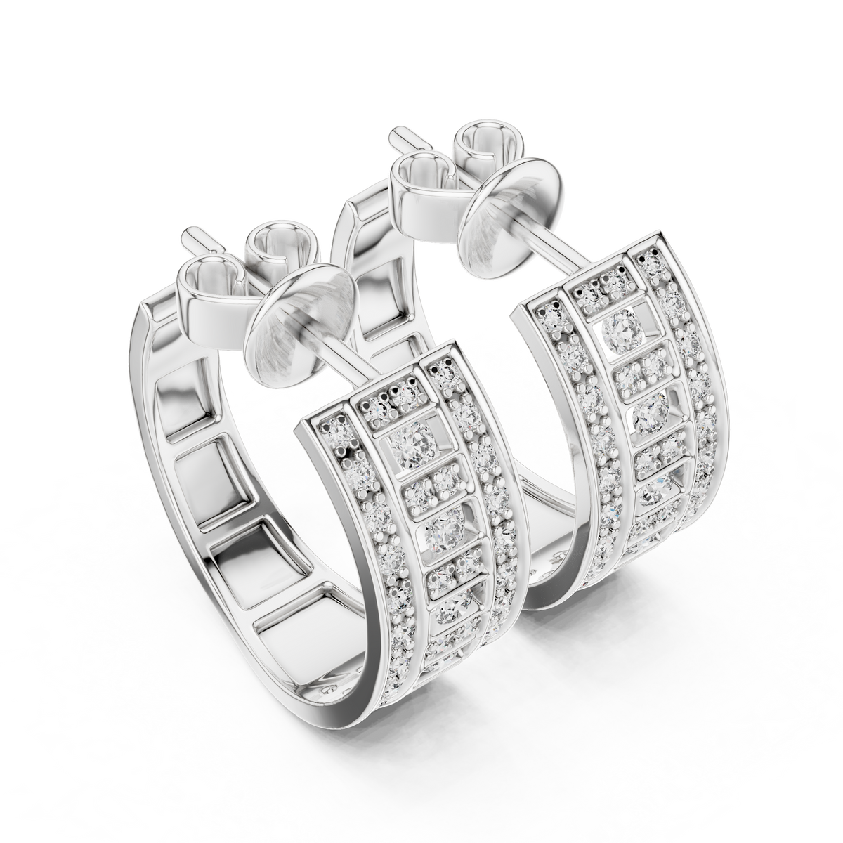 White gold pavé lab grown diamond huggie hoop earrings, angled side view