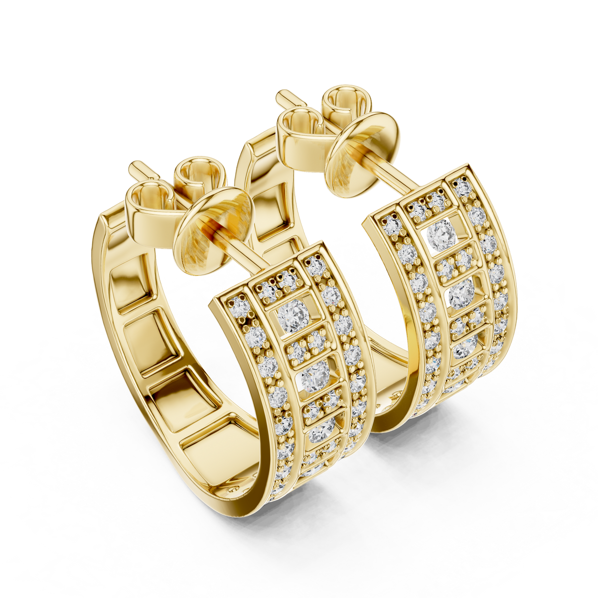 Yellow gold pavé lab grown diamond huggie hoop earrings, angled side view
