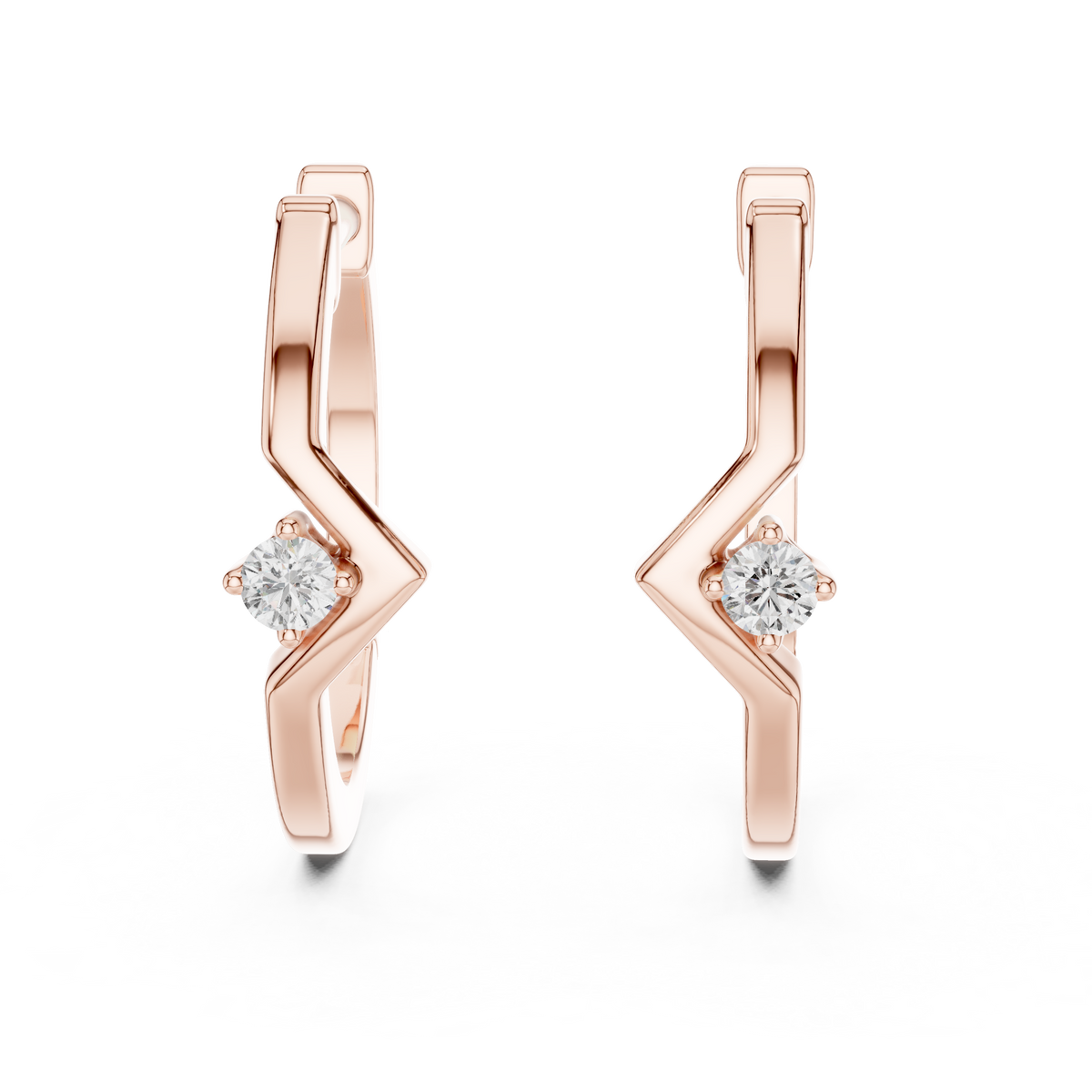 Rose gold chevron solitaire lab grown diamond huggie earrings, side view