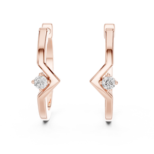 Rose gold chevron solitaire lab grown diamond huggie earrings, side view
