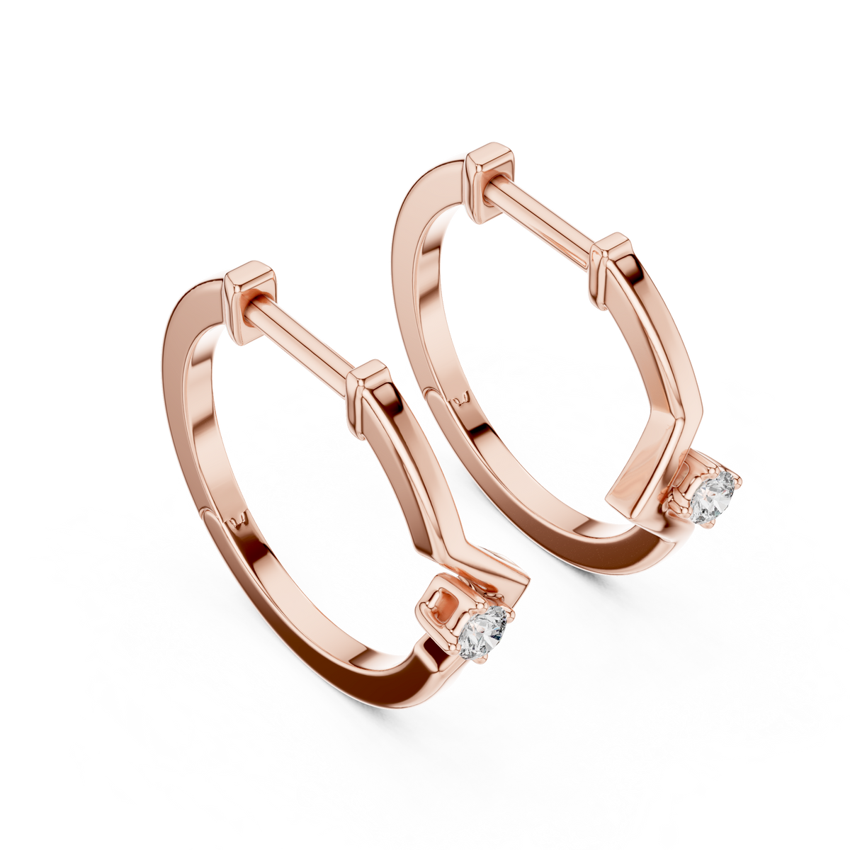 Rose gold chevron solitaire lab grown diamond huggie earrings, front view