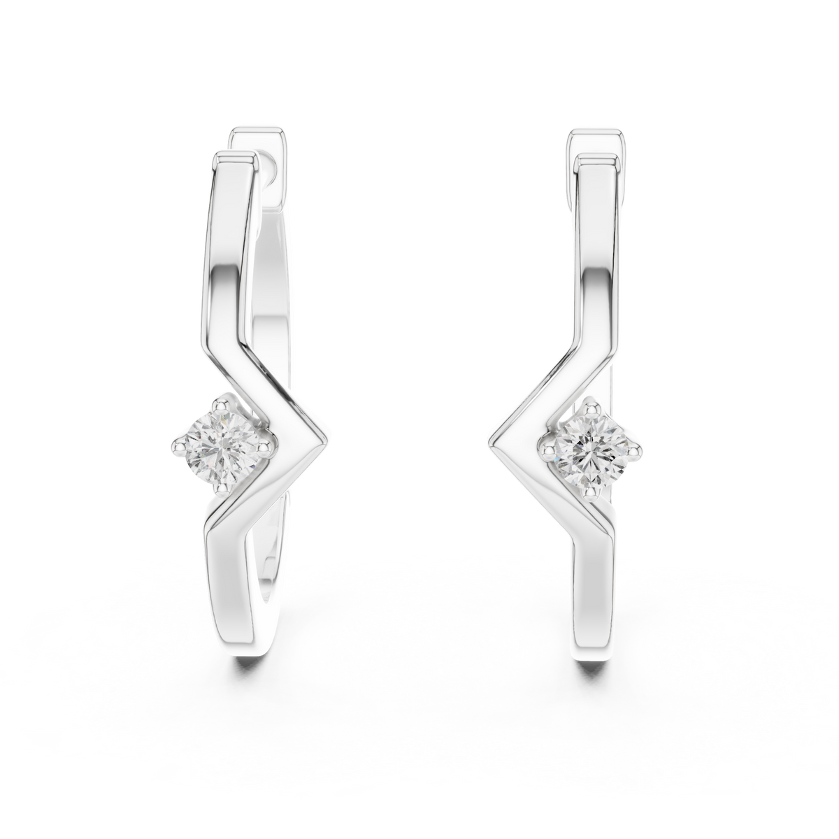 White gold chevron solitaire lab grown diamond huggie earrings, side view