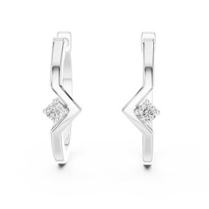 White gold chevron solitaire lab grown diamond huggie earrings, side view