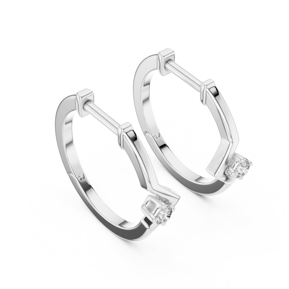 White gold chevron solitaire lab grown diamond huggie earrings, front view