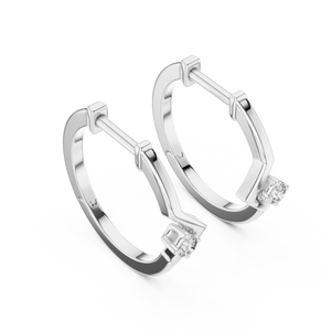 White gold chevron solitaire lab grown diamond huggie earrings, front view