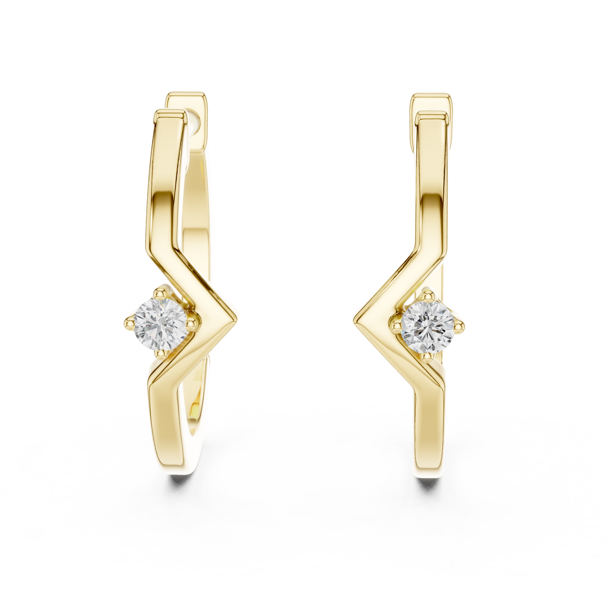 Yellow gold chevron solitaire lab grown diamond huggie earrings, side view