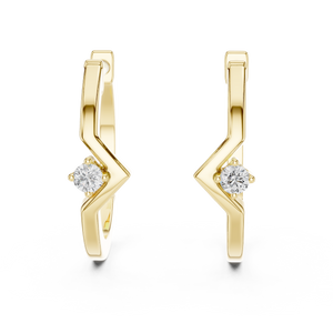 Yellow gold chevron solitaire lab grown diamond huggie earrings, side view