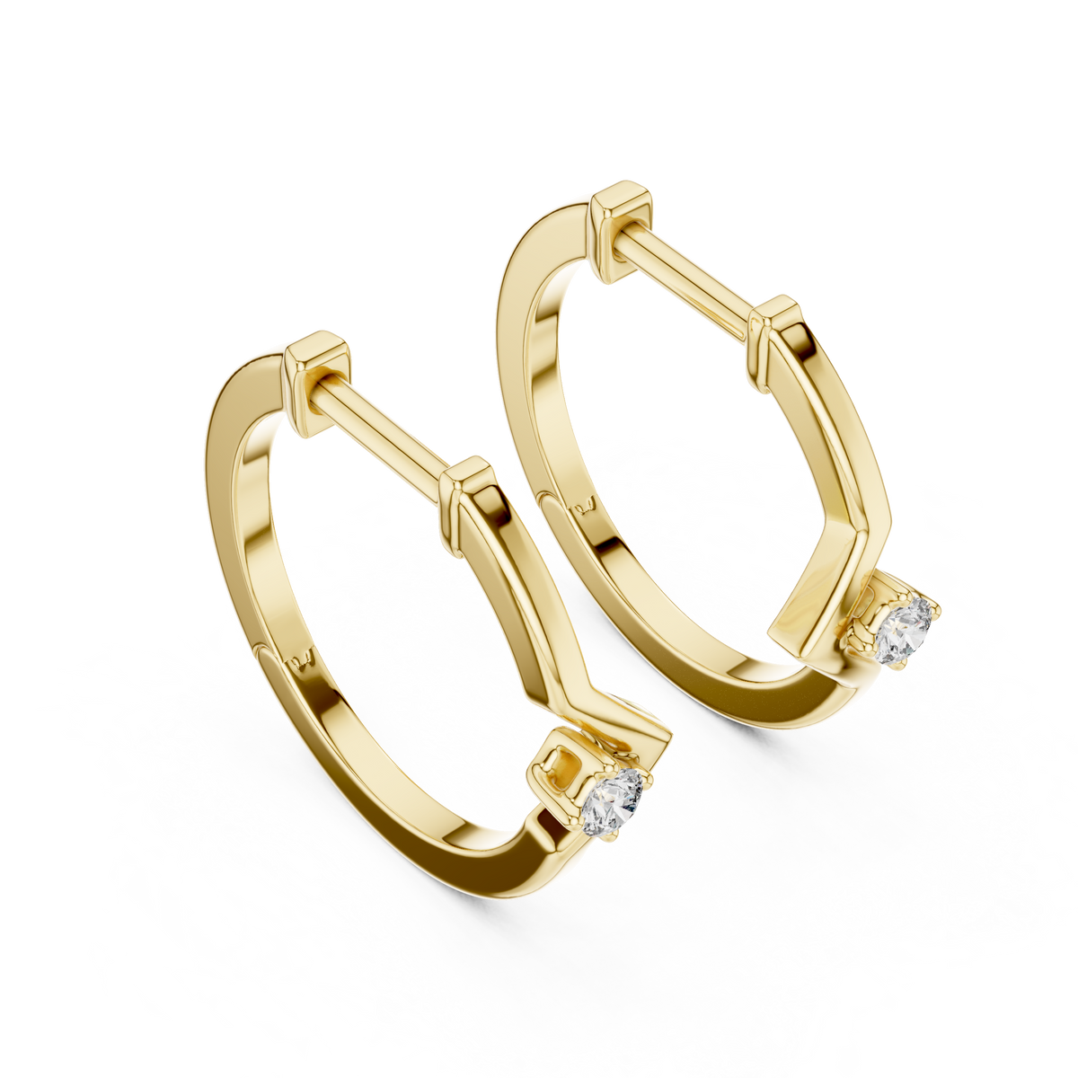 Yellow gold chevron solitaire lab grown diamond huggie earrings, front view
