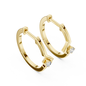Yellow gold chevron solitaire lab grown diamond huggie earrings, front view