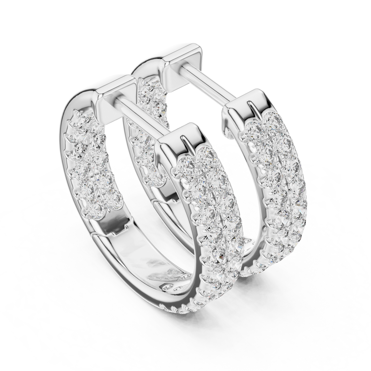 White gold 0.72 ct lab grown diamond two row pave huggie hoop earrings, front view