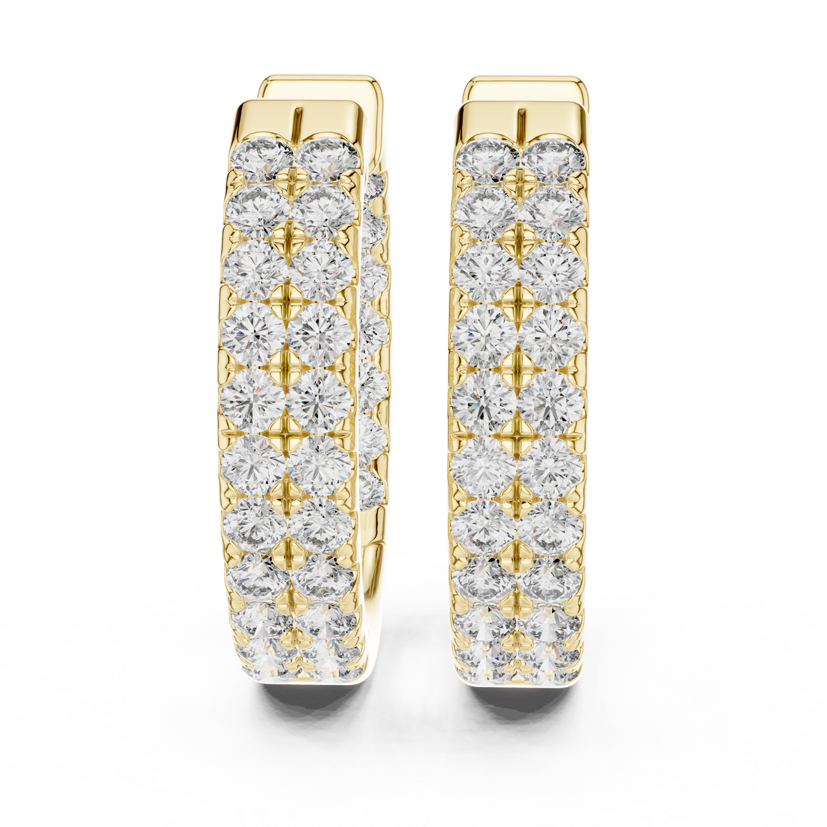 Yellow gold lab grown diamond two row pave huggie hoop earrings, side view