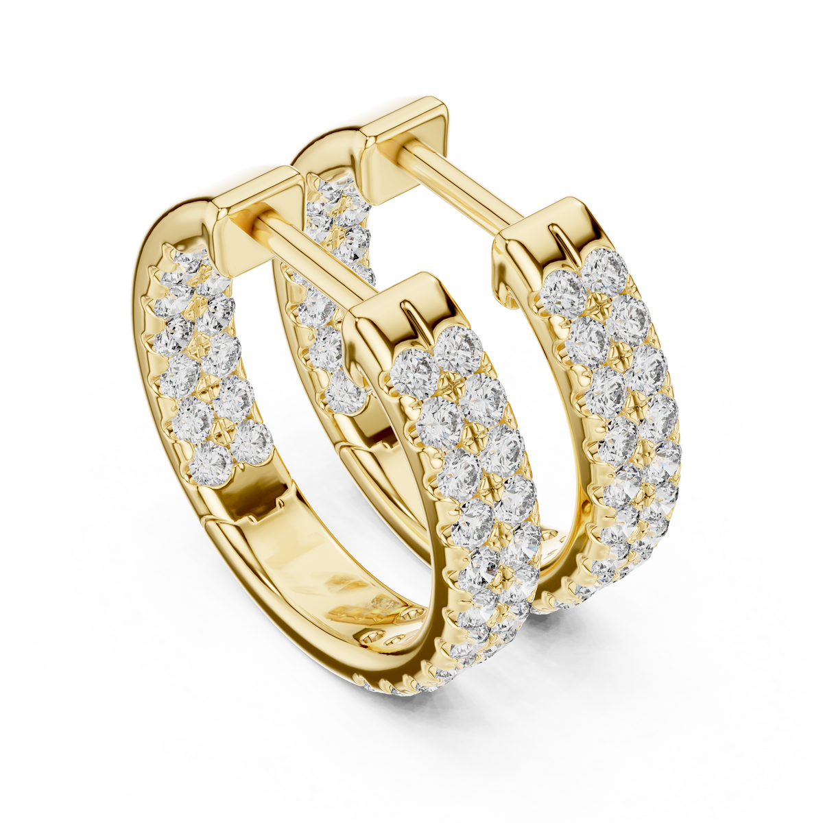 Yellow gold 0.72 ct lab grown diamond two row pave huggie hoop earrings, front view