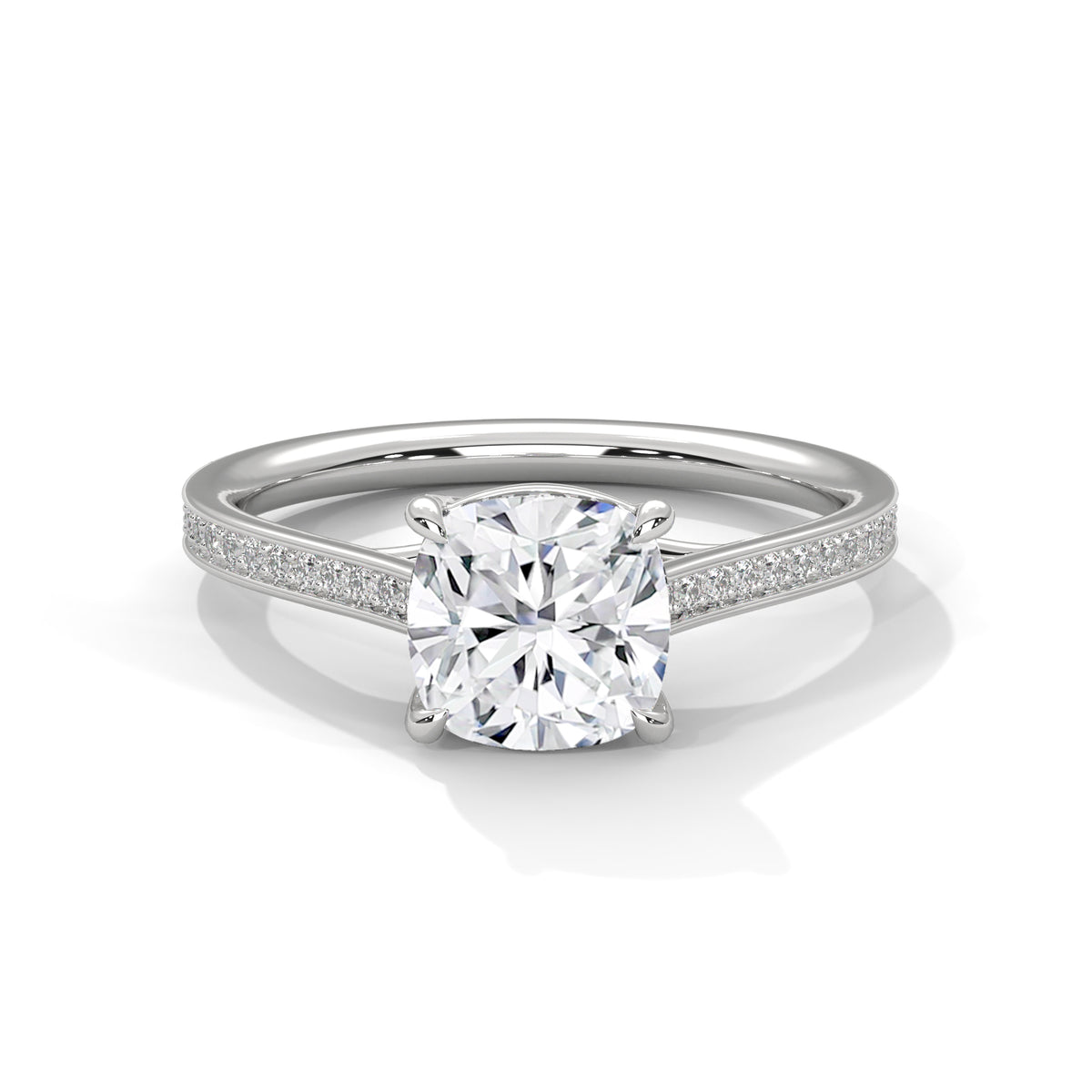 1.75 Carat Cushion Cut Lab Grown Diamond Engagement Ring on Hand – Pavé Band Solitaire | Luzora Jewels