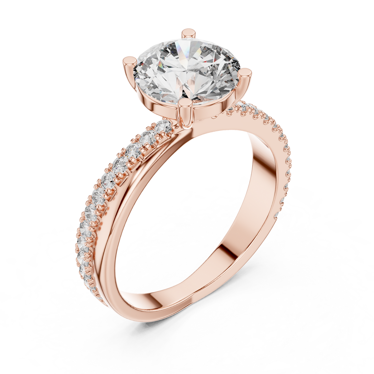 Rose gold round solitaire lab grown diamond engagement ring, side view