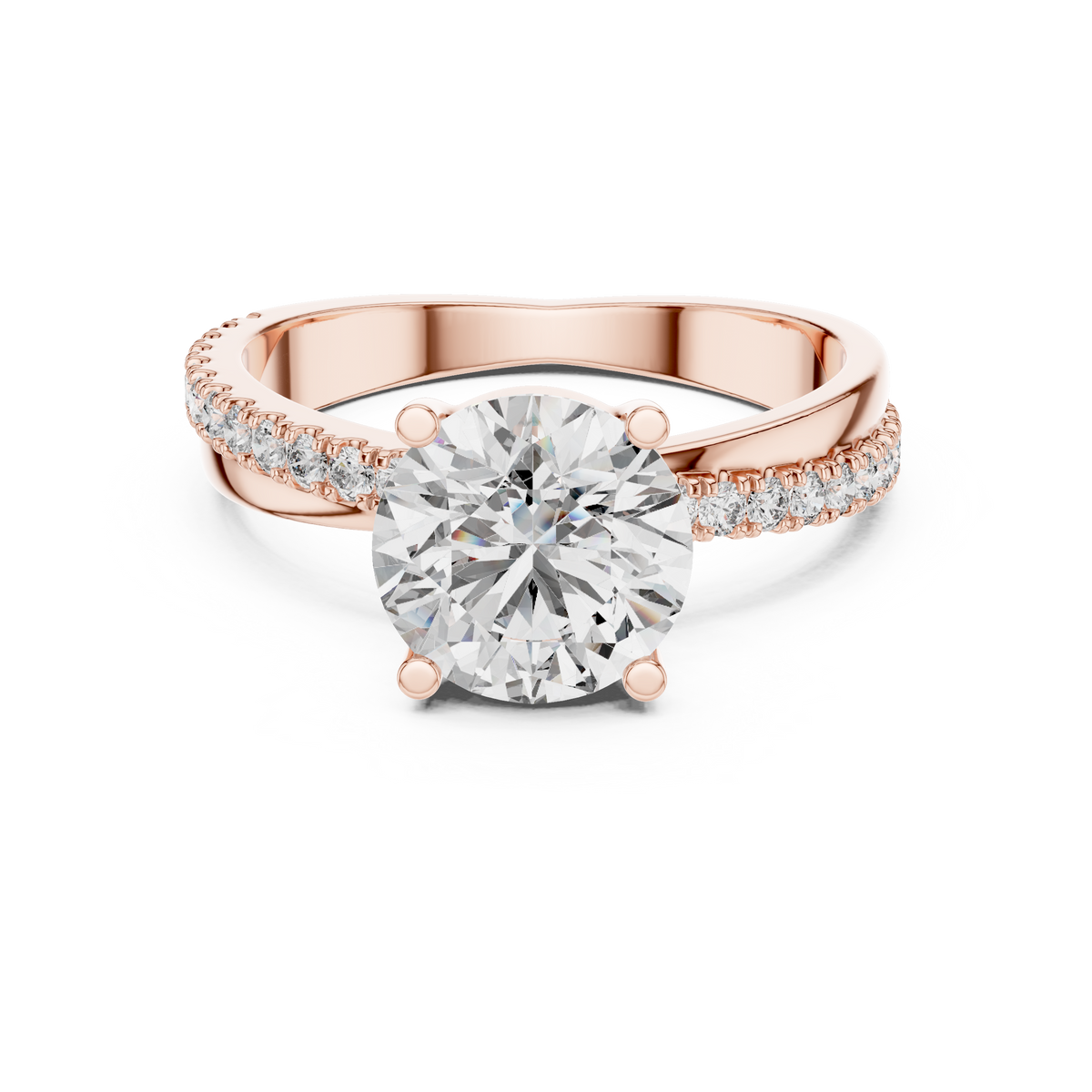 Rose gold round solitaire lab grown diamond engagement ring, angled view