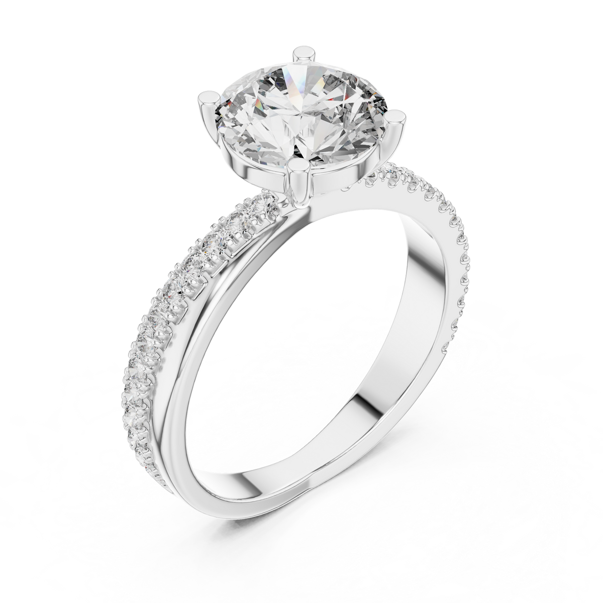 White gold round solitaire lab grown diamond engagement ring, side view