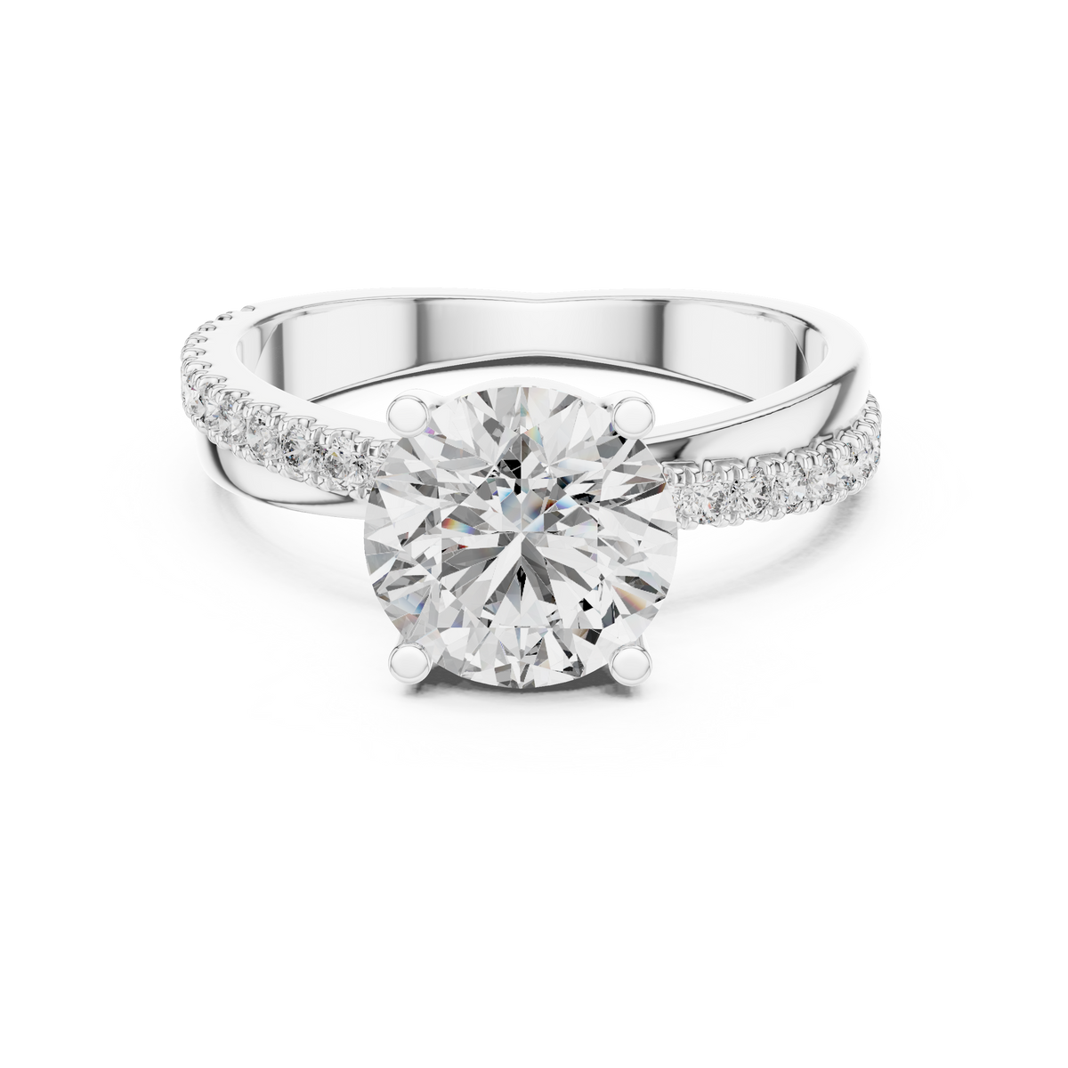 White gold round solitaire lab grown diamond engagement ring, angled view