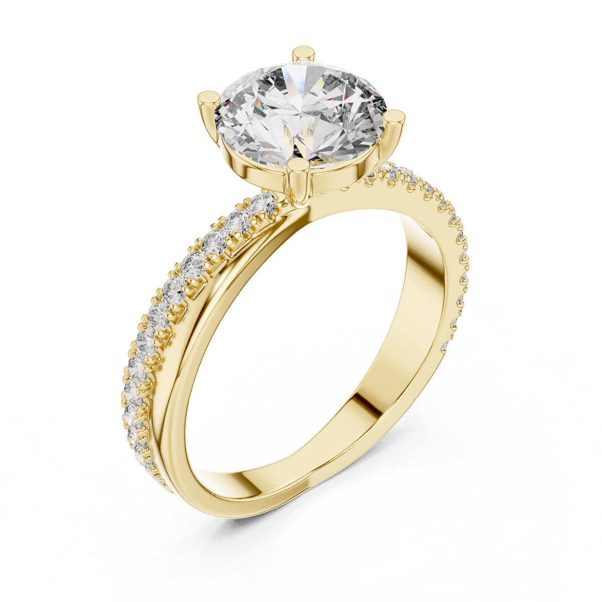 Yellow gold round solitaire lab grown diamond engagement ring, side view