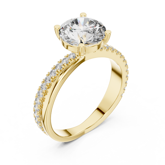 Yellow gold round solitaire lab grown diamond engagement ring, side view