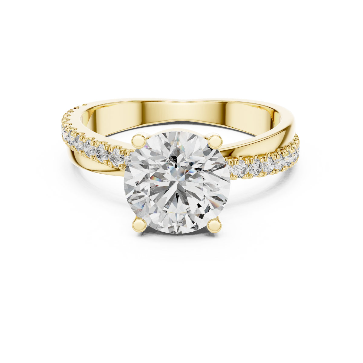 Yellow gold round solitaire lab grown diamond engagement ring, angled view
