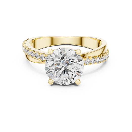 Yellow gold round solitaire lab grown diamond engagement ring, angled view