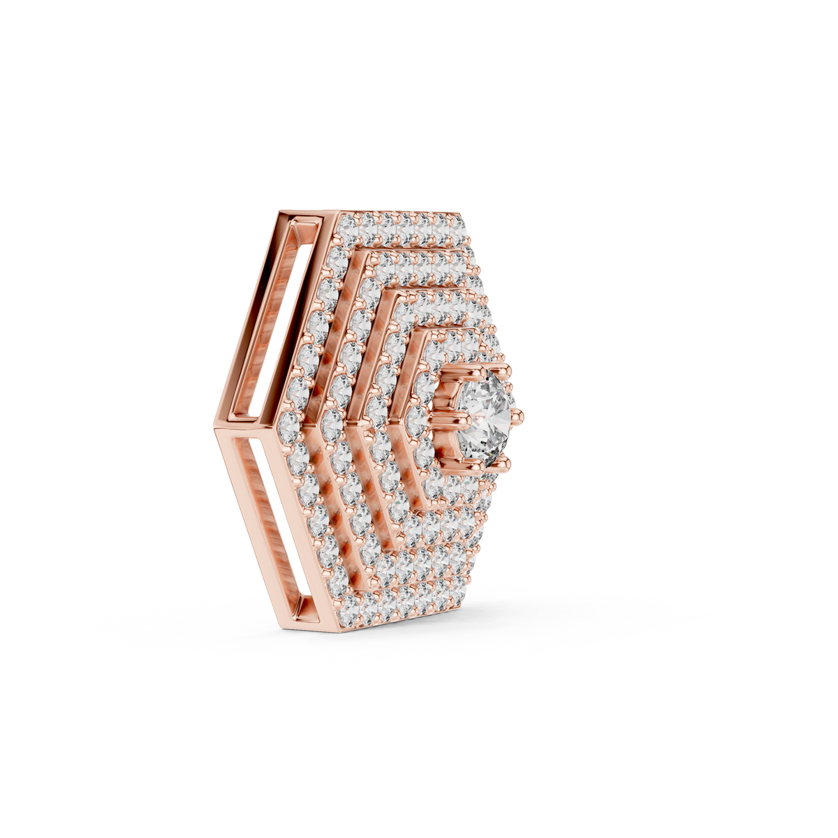 Side angle view of 0.60 CTW hexagon cluster lab grown diamond pendant in rose gold.