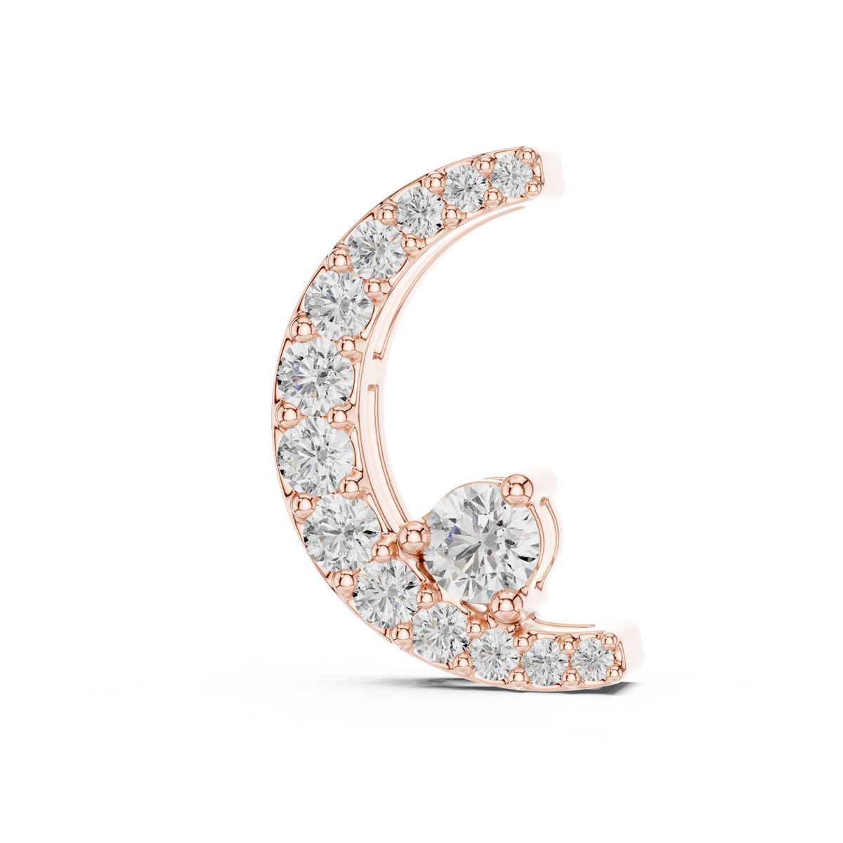 Rose gold crescent moon pendant with brilliant round-cut lab-grown diamonds on a transparent background.