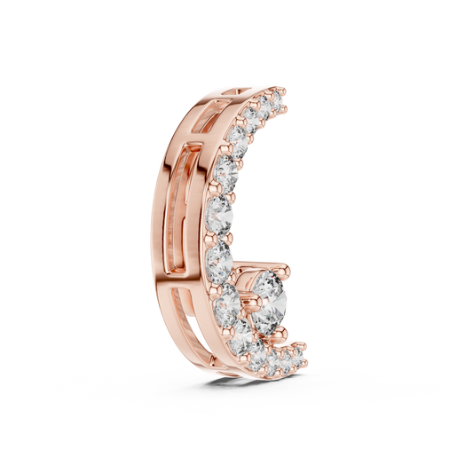 Rose gold crescent moon pendant with graduated round-cut lab-grown diamonds on a transparent background.