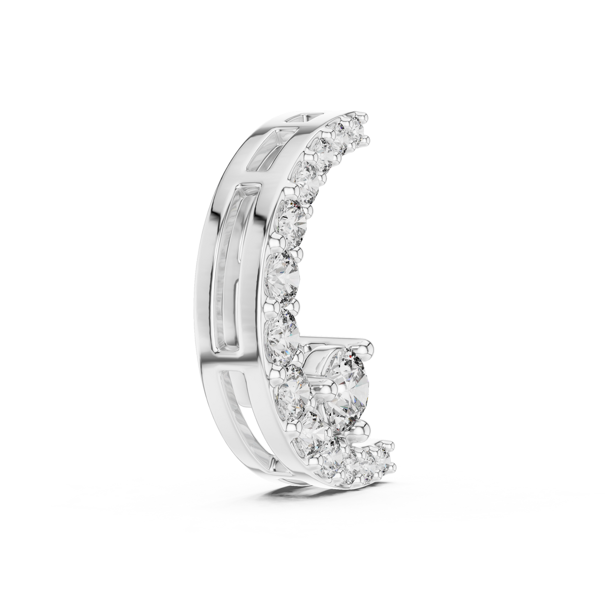 White gold crescent moon pendant with graduated lab-grown diamonds
