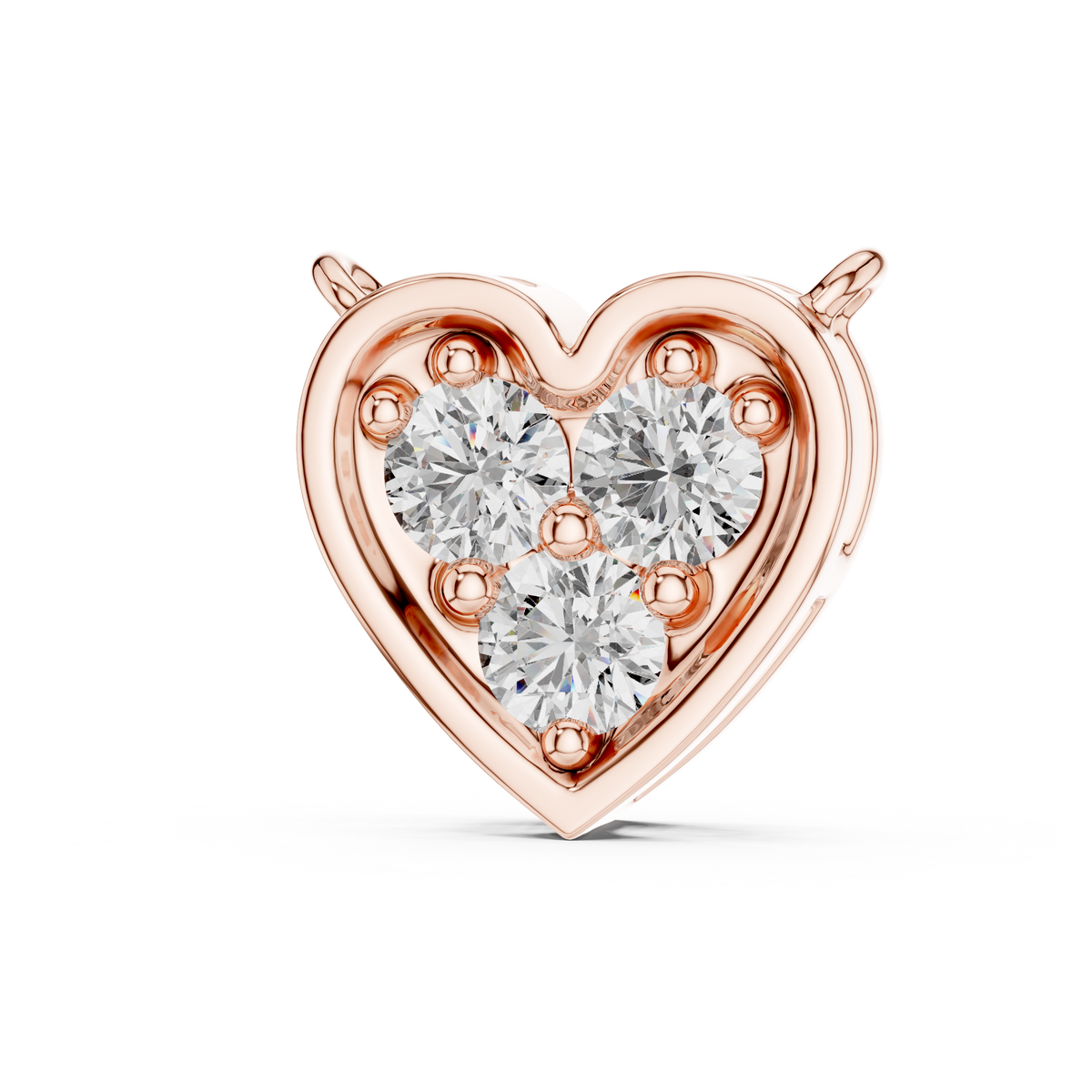 0.36 CT three stone lab grown diamond heart pendant in rose gold, front view