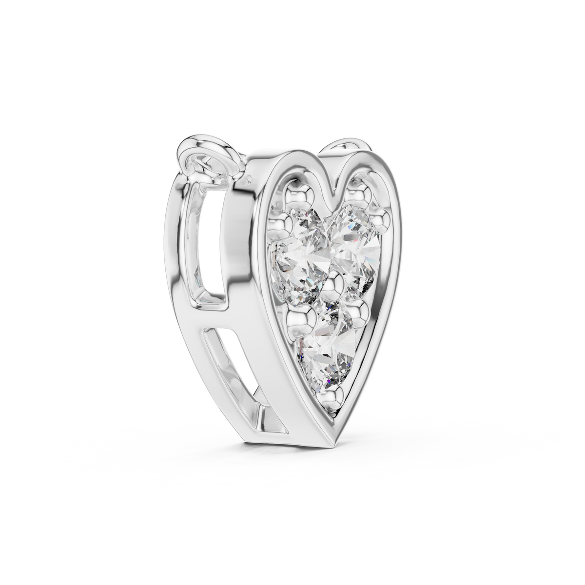 Side angle of white gold three stone lab grown diamond heart pendant