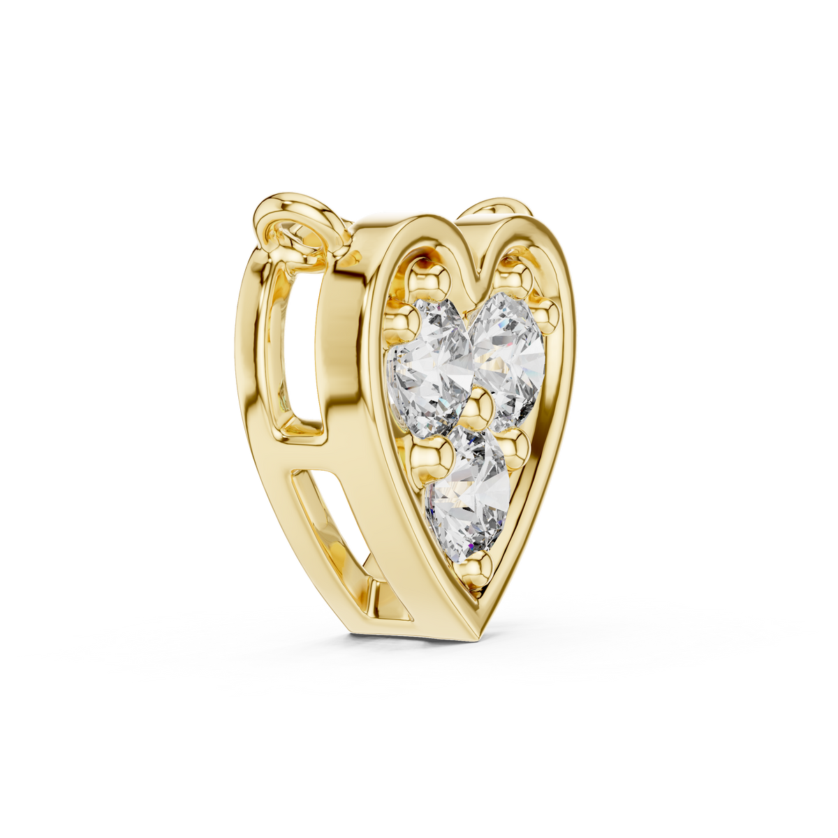Side angle of yellow gold three stone lab grown diamond heart pendant