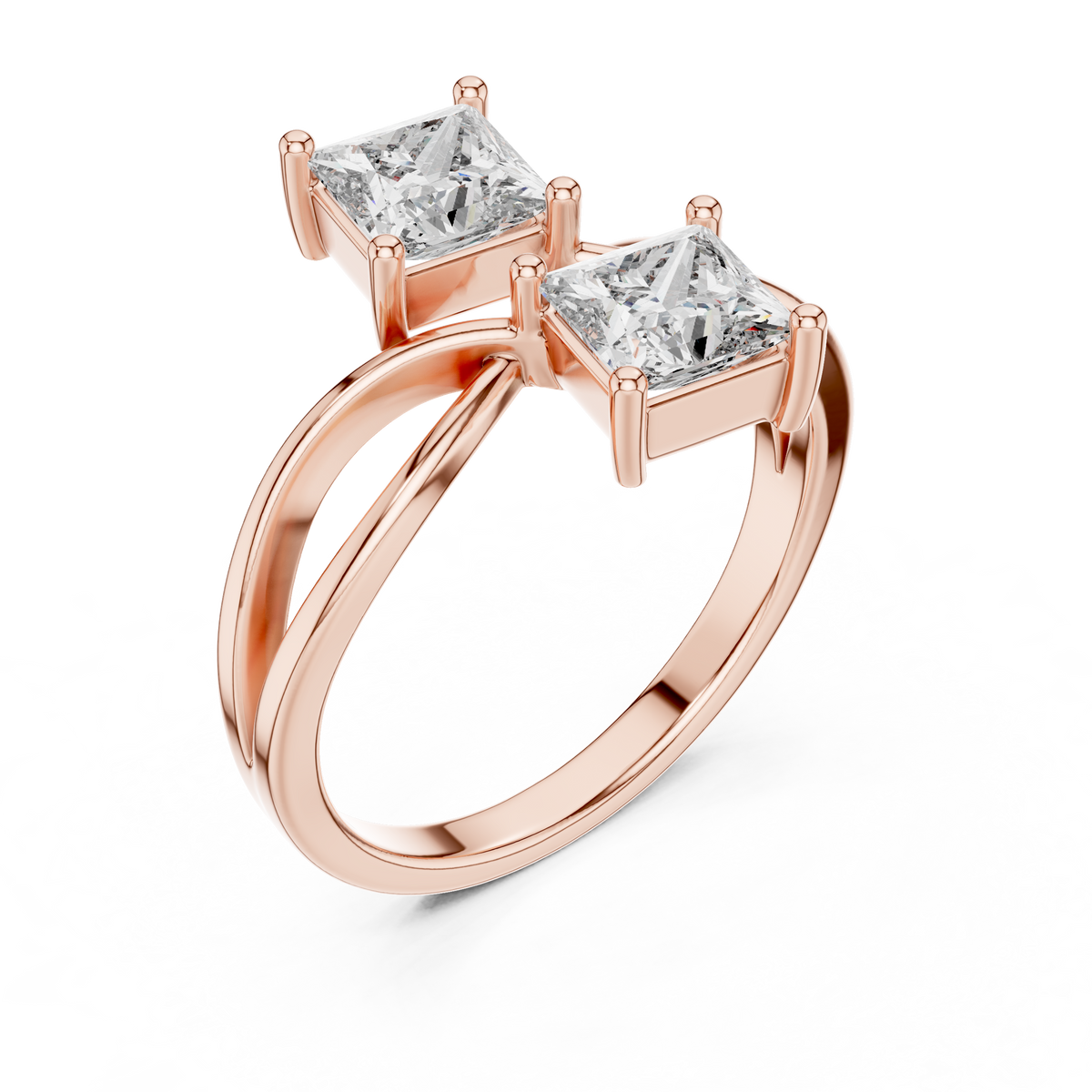 Rose gold princess cut toi et moi lab grown diamond ring, side view