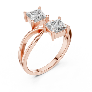 Rose gold princess cut toi et moi lab grown diamond ring, side view