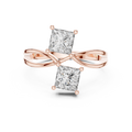 Rose gold princess cut toi et moi lab grown diamond ring, angled view