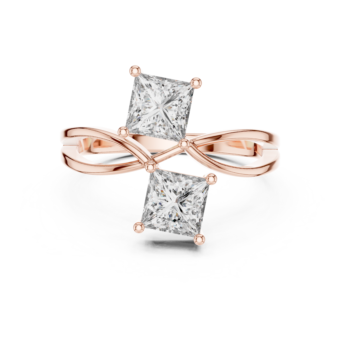 Rose gold princess cut toi et moi lab grown diamond ring, angled view