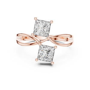 Rose gold princess cut toi et moi lab grown diamond ring, angled view