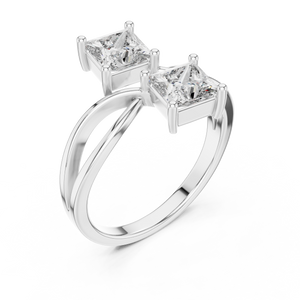 White gold princess cut toi et moi lab grown diamond ring, side view